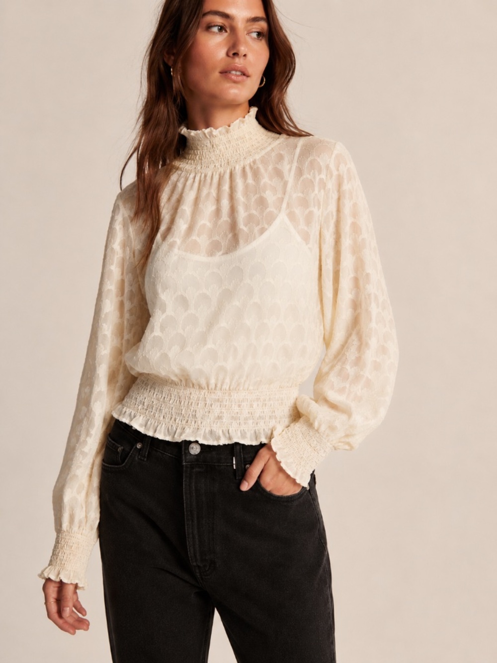 H&M Cream Sheer Etheral Fairy Turtleneck Ruffled Sheer Long Sleeve top